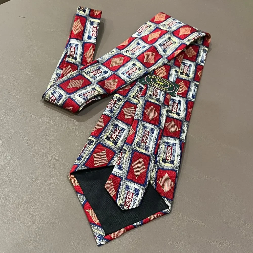 Churchill Collection Vintage Geometric Diamond Pattern Silk Tie‎ Red White Blue